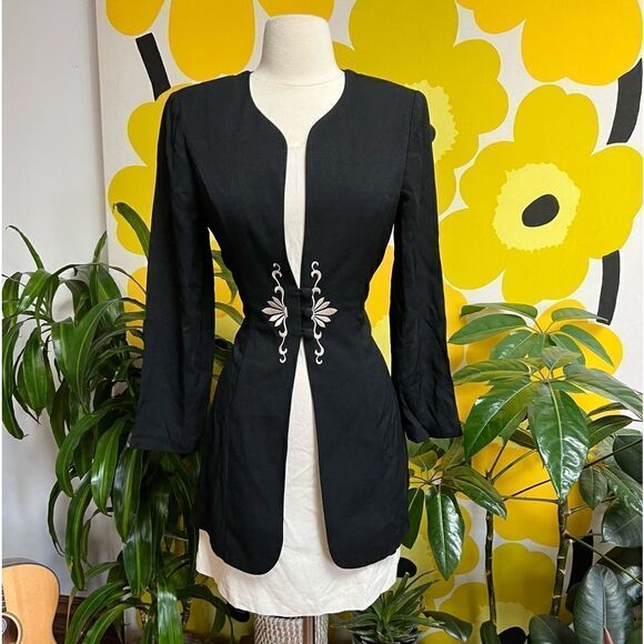 Vintage Dresses & Skirts - Vintage 1970s Shawl Colllar Twofer Embroidered Tie Back Mini Dress